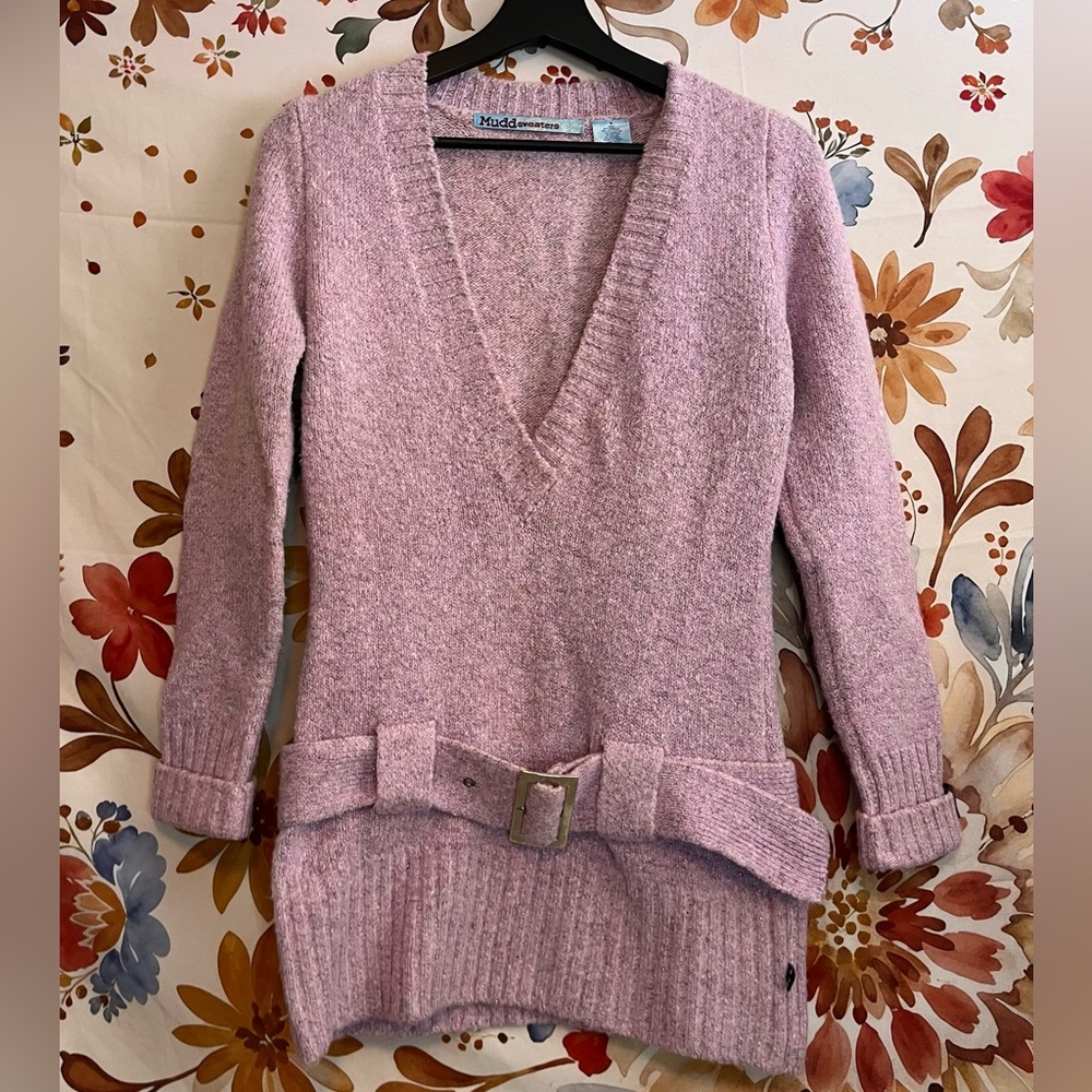 VTG Y2K Mudd Jrs M Belted Tunic Sweater Light Pink VNeck Stretchy Winter Preppy